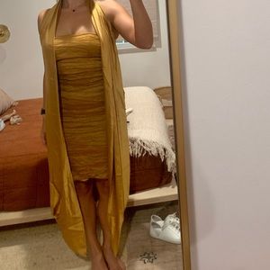 Nicole Miller Collection Gold Metallic Ruched Cocktail with Sash (8, runs small)